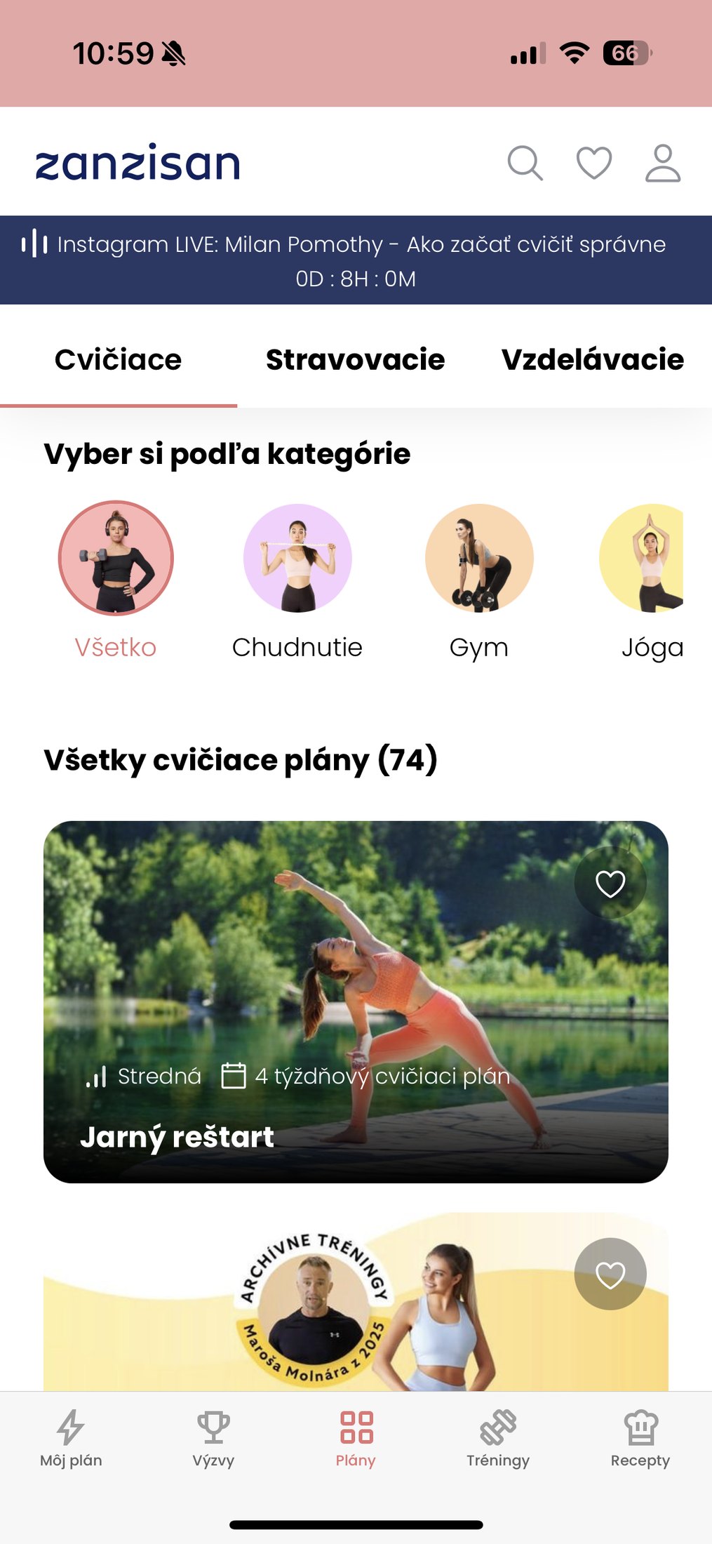 Aplikácia Zanzisan v mobile – cvičiace plány podľa kategórií ako Chudnutie, Gym či Jóga
